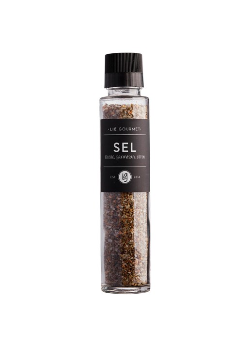 LIE GOURMET SEL zout basillicum, parmezaan & citroen met molen 320 gram