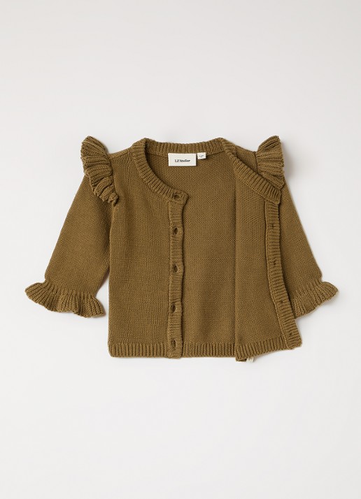 Lil 'Atelier NBFKopa grofgebreid vest met volant - voorkant 2 mosgroen