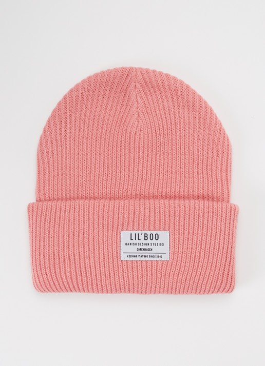 Lil' Boo Hygge grofgebreide muts met logo - voorkant zalmroze