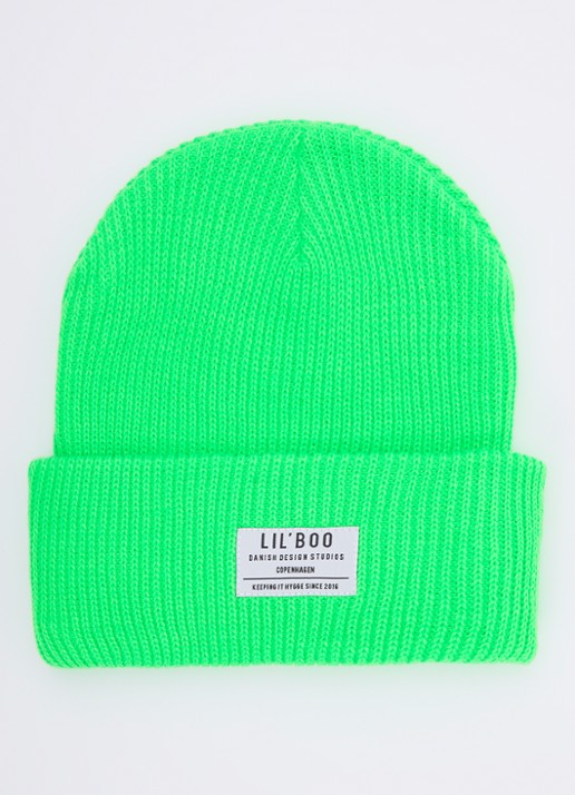 Lil' Boo Hygge grofgebreide muts met logo - voorkant neongroen