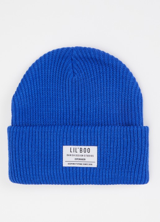 Lil' Boo Hygge grofgebreide muts met logo - voorkant kobaltblauw