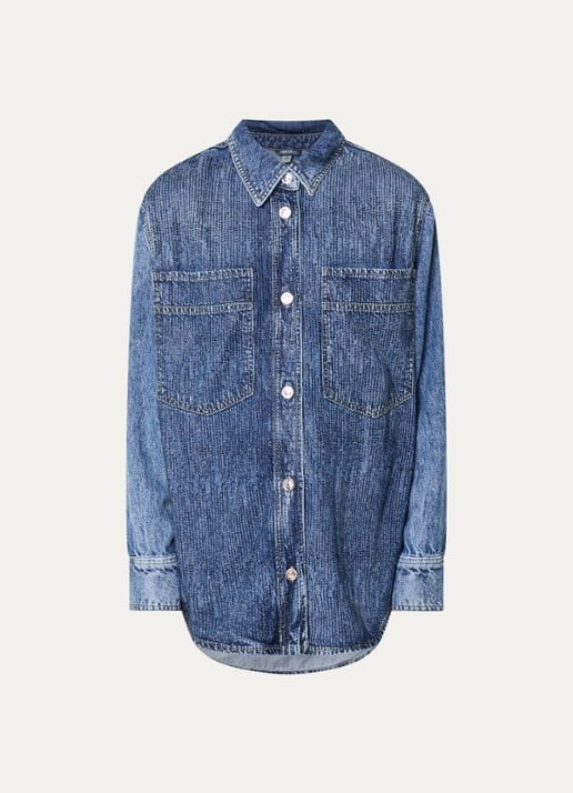 Liu Jo Blouse van denim met strass - voorkant 3 donkerblauw