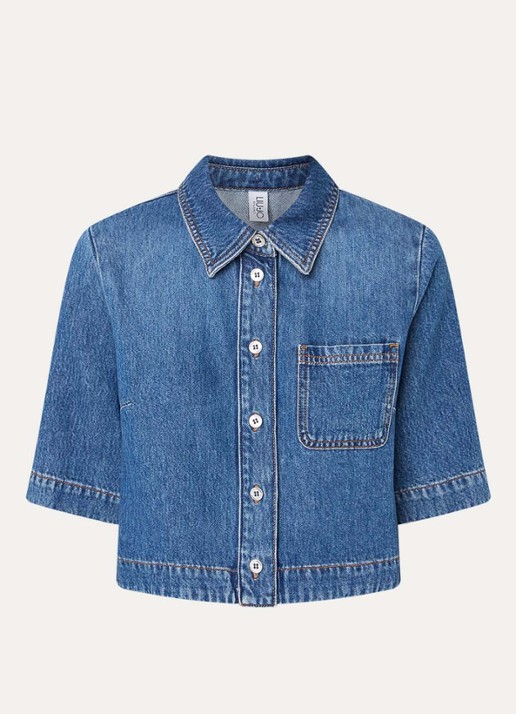 Liu Jo Cropped blouse van denim met borstzak - voorkant indigo