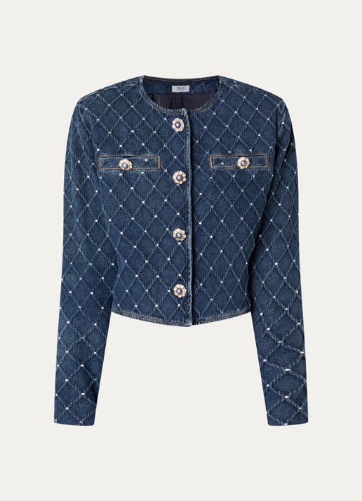 Liu Jo Cropped spijkerjas met strass  - voorkant 2 indigo