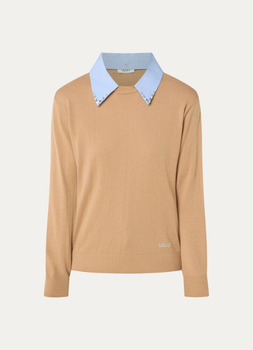 Liu Jo Fijngebreide pullover in wolblend met kraag - voorkant camel