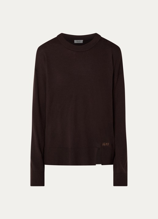Liu Jo Fijngebreide pullover in wolblend met ronde hals - voorkant 2 donkerbruin