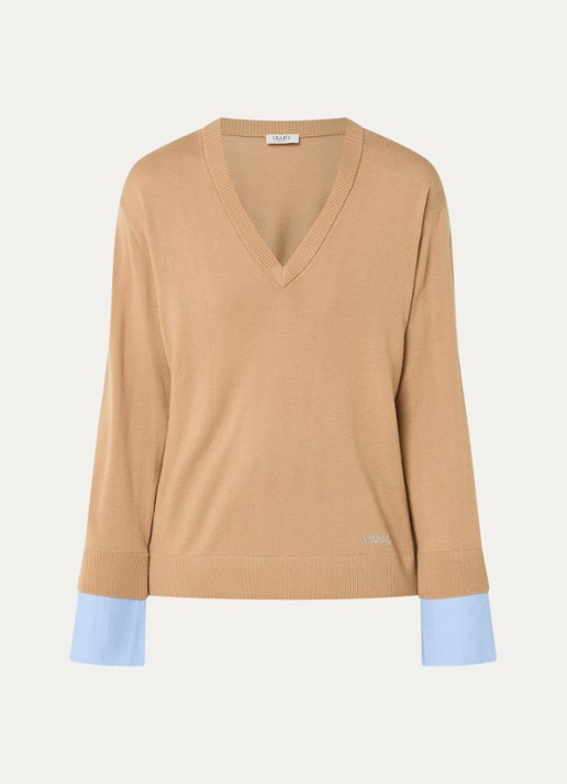 Liu Jo Fijngebreide pullover in wolblend met V-hals - voorkant 3 camel
