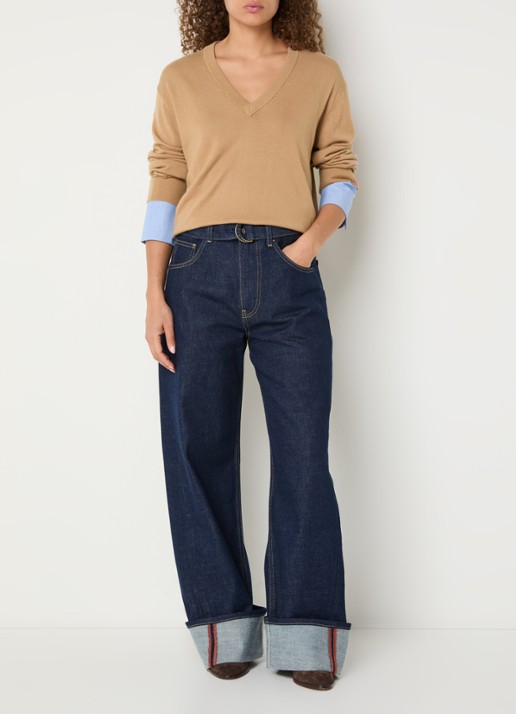 Liu Jo Fijngebreide pullover in wolblend met V-hals - voorkant 4 camel