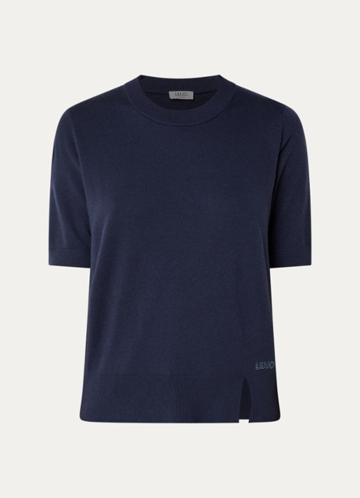 Liu Jo Fijngebreide top in wolblend met logo - voorkant 2 donkerblauw