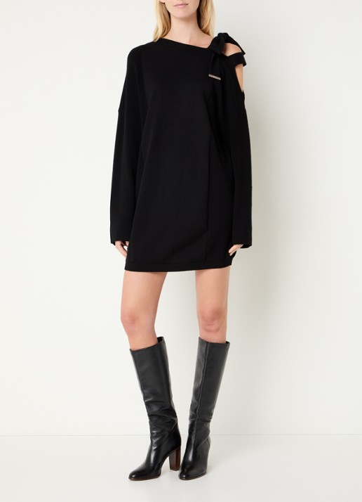 Liu Jo Grofgebreide mini trui-jurk met asymmetrische hals - voorkant 3 zwart
