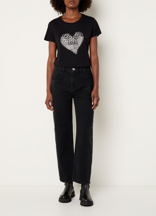 Liu Jo High waist cropped loose fit jeans met strass - voorkant 5 zwart