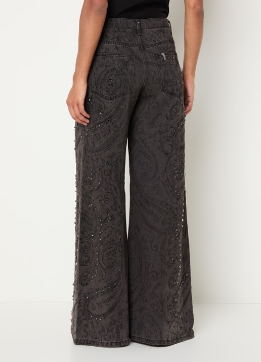 Liu Jo High waist wide fit broek met paisley dessin en strass - achterkant zwart