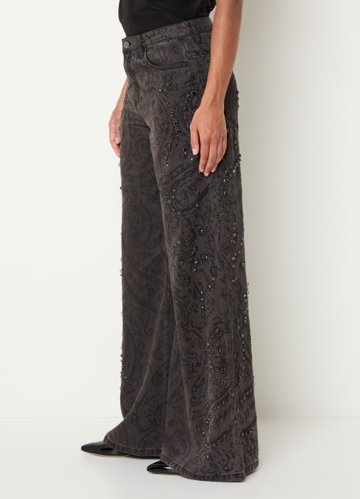 Liu Jo High waist wide fit broek met paisley dessin en strass - detail 5 zwart