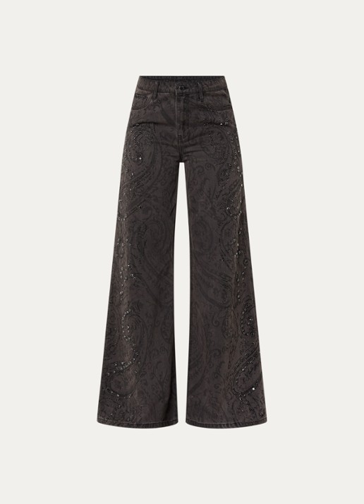 Liu Jo High waist wide fit broek met paisley dessin en strass - voorkant 2 zwart