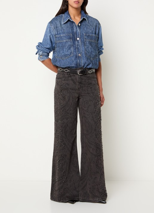 Liu Jo High waist wide fit broek met paisley dessin en strass - voorkant 3 zwart