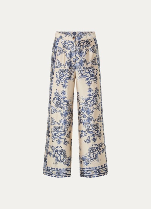 Liu Jo High waist wide fit palazzobroek van satijn met bloemenprint - voorkant 2 beige