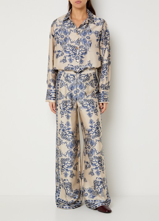 Liu Jo High waist wide fit palazzobroek van satijn met bloemenprint - voorkant 3 beige
