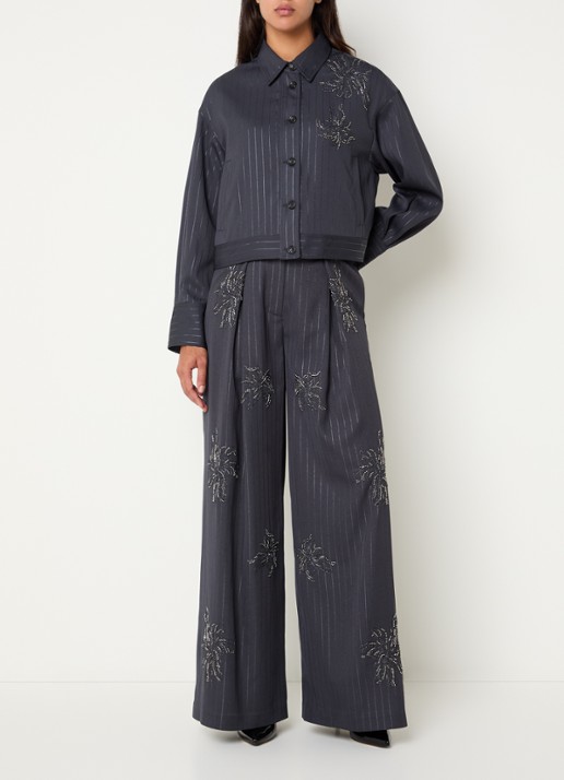 Liu Jo High waist wide fit pantalon met strass - voorkant 2 grijs