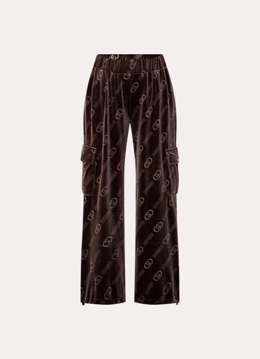Liu Jo Mid waist tapered fit broek van fluweel met logoprint - voorkant 2 chocoladebruin