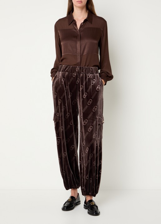 Liu Jo Mid waist tapered fit broek van fluweel met logoprint - voorkant 3 chocoladebruin