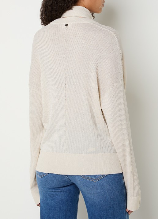 Liu Jo Ribgebreide pullover met sjaalkraag en lurex - achterkant creme