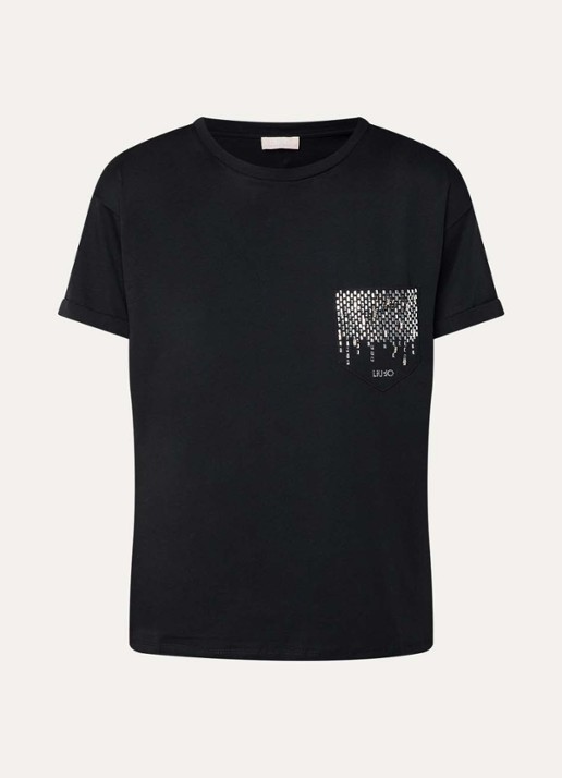 Liu Jo T-shirt met borstzak en strass - voorkant 2 zwart