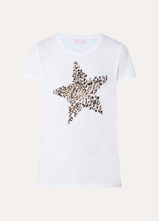 Liu Jo T-shirt met logoprint en strass - voorkant 3 zand