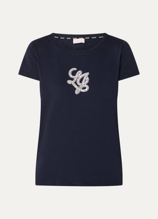Liu Jo T-shirt met logoprint en strass - voorkant 2 donkerblauw