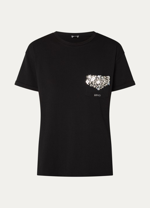 Liu Jo T-shirt met strass en borstzak - voorkant 3 zwart