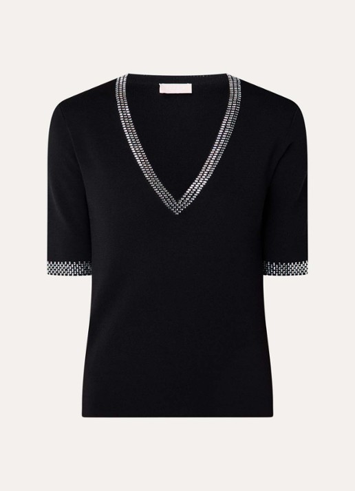 Liu Jo Top met strass en V-hals - voorkant 2 zwart