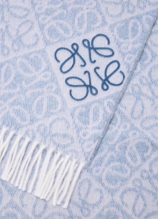 LOEWE Anagram fijngebreide sjaal in kasjmierblend 180 x 38 cm - detail lichtblauw