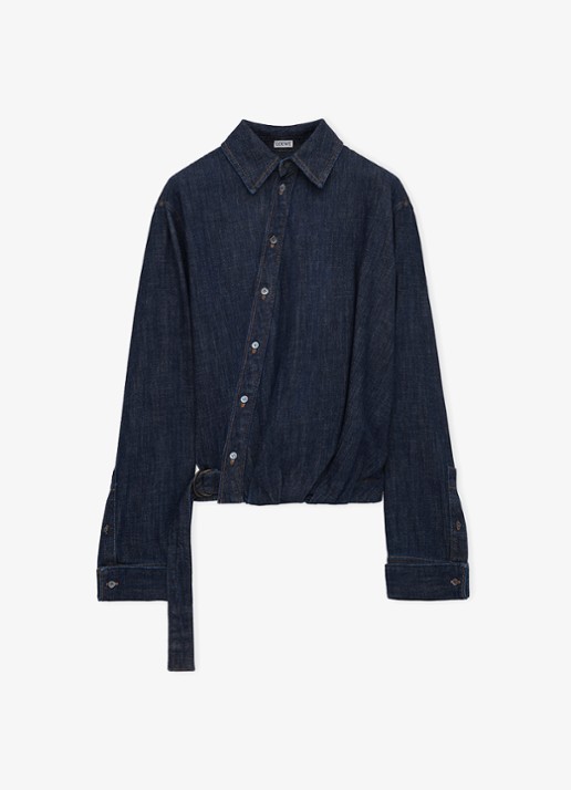 LOEWE Blouse van denim met ceintuur - voorkant indigo