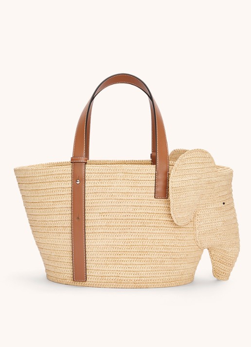 LOEWE Elephant handtas van raffia met kalfsleren details - achterkant 3 roestbruin