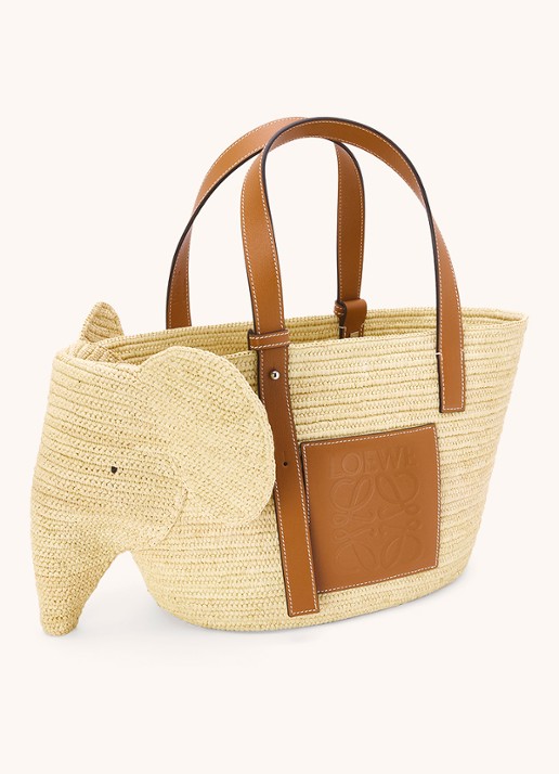 LOEWE Elephant handtas van raffia met kalfsleren details - detail 6 roestbruin