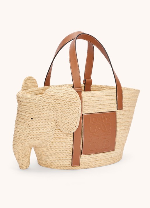 LOEWE Elephant handtas van raffia met kalfsleren details - voorkant 2 roestbruin