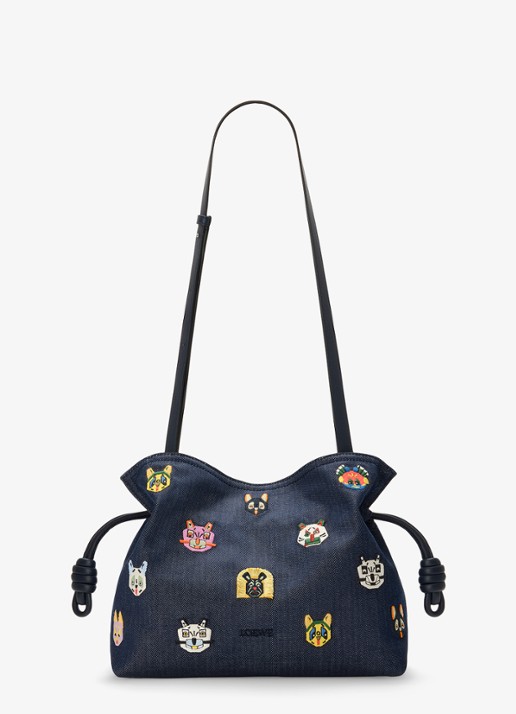 LOEWE Flamenco Cats M clutch van denim met kalfsleren details - detail 5 donkerblauw