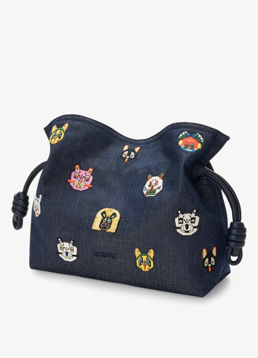 LOEWE Flamenco Cats M clutch van denim met kalfsleren details - voorkant 3 donkerblauw