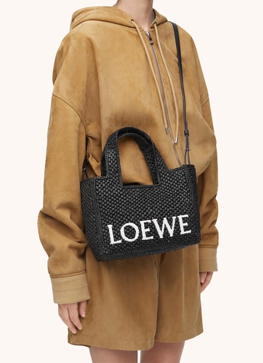 LOEWE Font Small shopper van raffia met afneembare schouderriem - detail 5 zwart