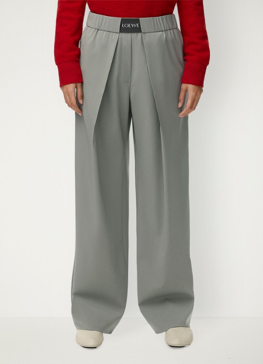 LOEWE High waist wide fit pantalon in wolblend met logo - detail 4 grijs