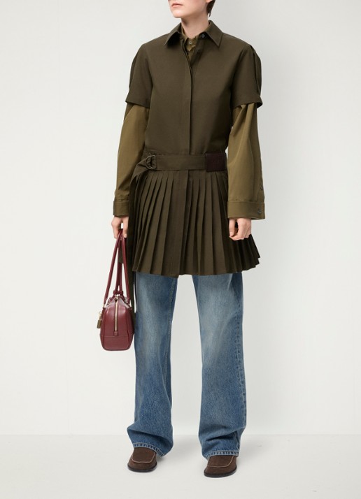 LOEWE Mini blousejurk met ceintuur en plissé - voorkant 3 khaki