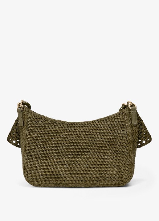 LOEWE Ola Medium schoudertas van raffia met kalfsleren details - achterkant legergroen