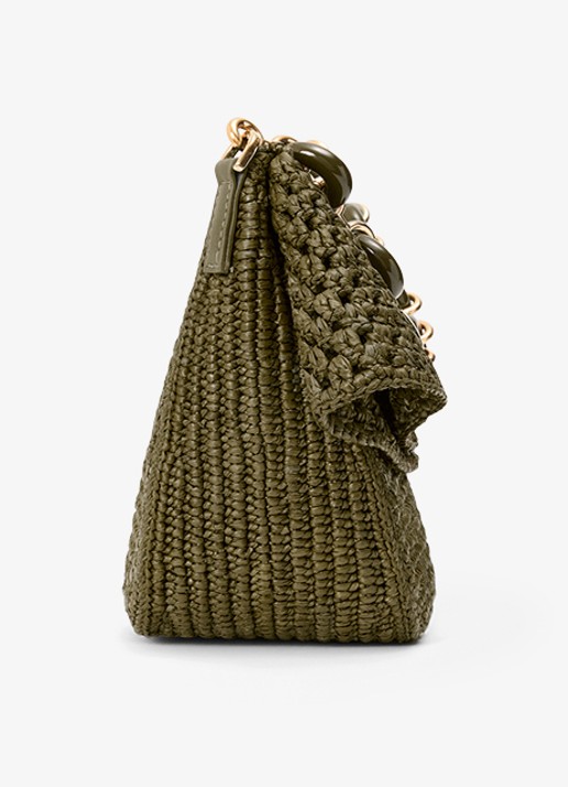 LOEWE Ola Medium schoudertas van raffia met kalfsleren details - detail 3 legergroen