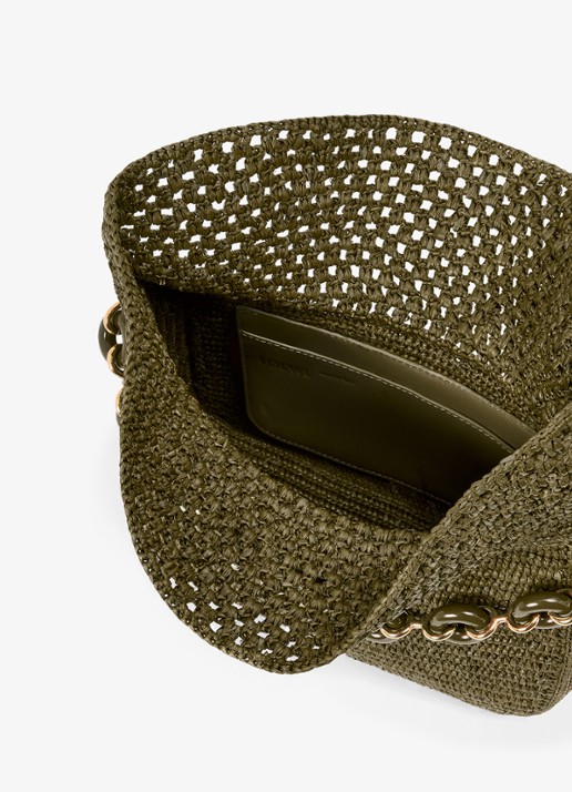 LOEWE Ola Medium schoudertas van raffia met kalfsleren details - detail 5 legergroen