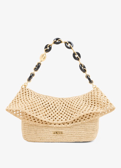 LOEWE Ola Medium schoudertas van raffia met kalfsleren details - voorkant 8 beige