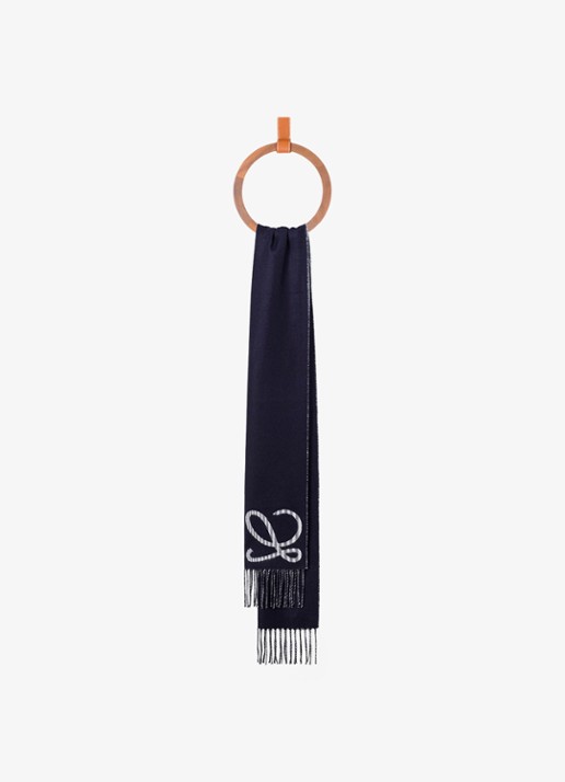 LOEWE Reversible fijngebreide sjaal in kasjmierblend met logo 180 x 28 cm - detail donkerblauw