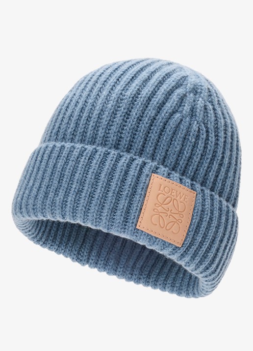 LOEWE Ribgebreide muts van kasjmier met logo - voorkant 2 blauw