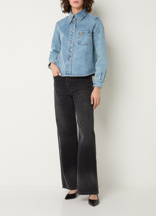 Lois Isa blouse van denim met borstzak - voorkant 4 blauw