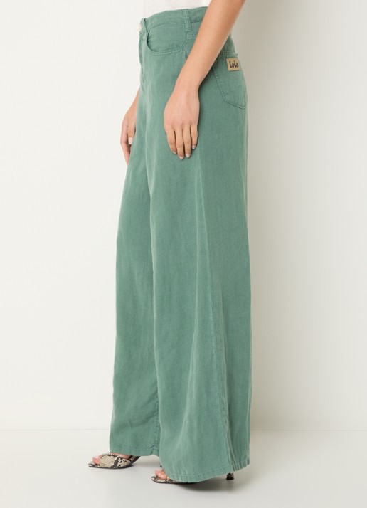 Lois Marlene high waist wide fit broek van linnen met steekzakken - detail 3 zeegroen