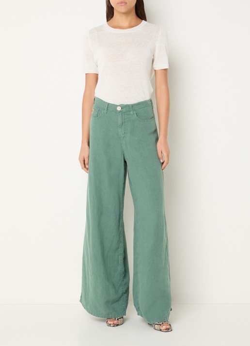 Lois Marlene high waist wide fit broek van linnen met steekzakken - voorkant 5 zeegroen