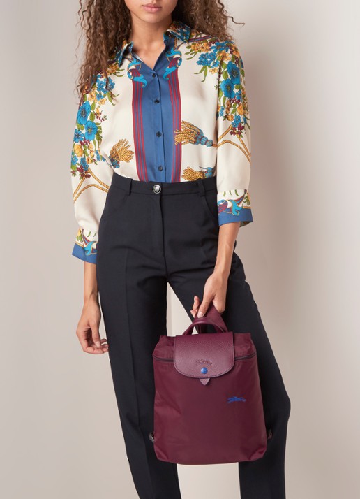 Longchamp Le Pliage Club rugzak met leren details - voorkant 5 aubergine